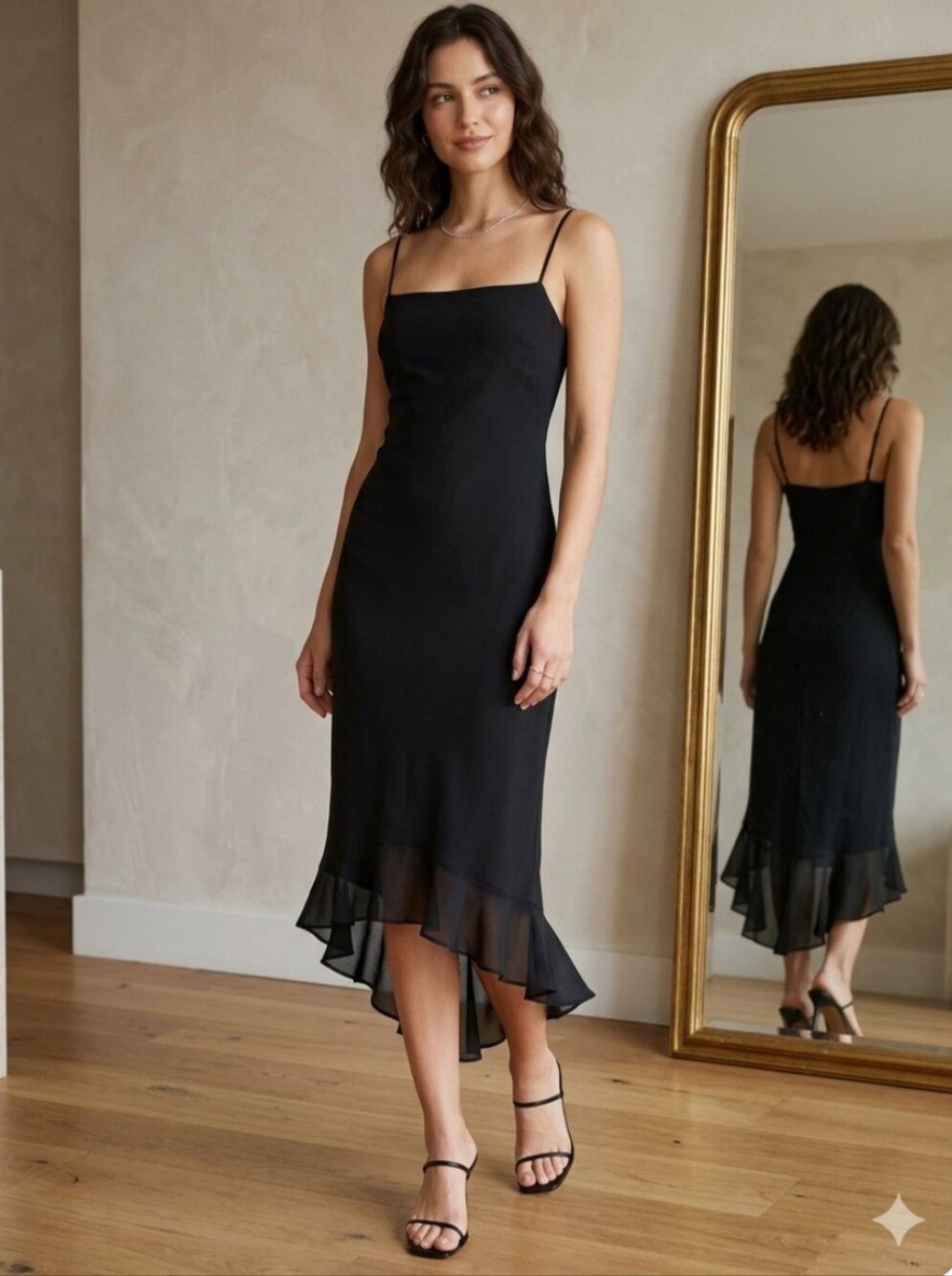 Vintage Y2K Black Chiffon Ruffle Hem Midi Dress – Size Small